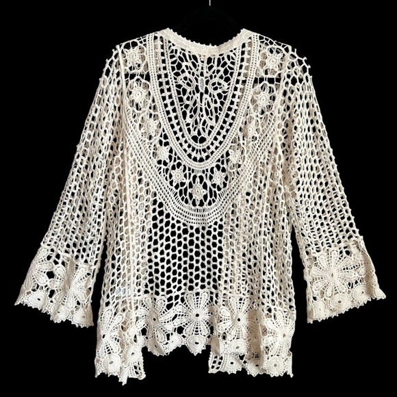 Rebellion Again Open Front Crochet Cardigan Kimono - Picture 2 of 9